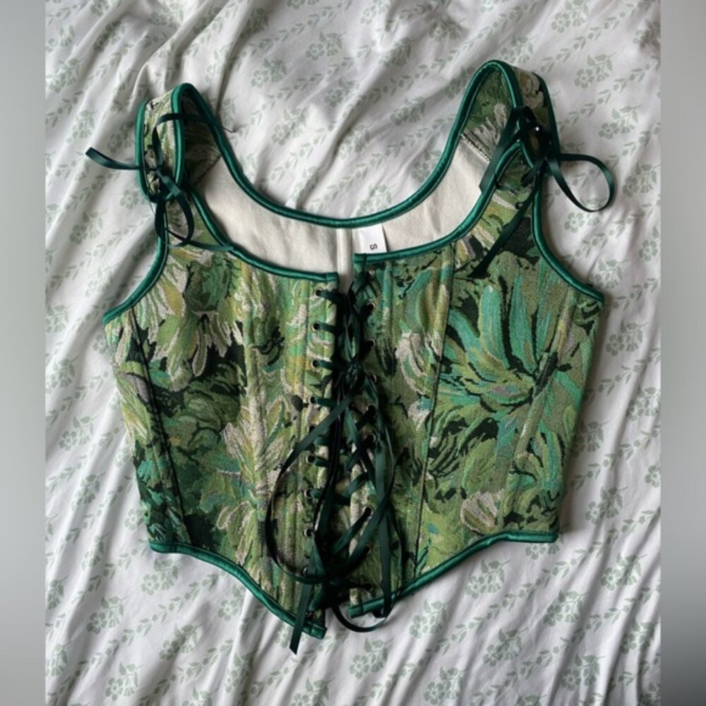 Green Floral Corset Zip Up Top